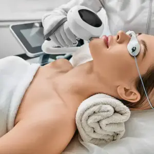 A woman is undergoing a laser treatment at a beauty salon with a white towel on her body and neck