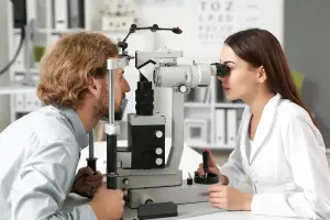 A man and a woman in white coats are examining a patient's eyes with an ophthalmoscope
