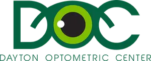 Green eye logo with a white center on a green background with a city skyline silhouette in the background