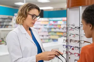 An adult woman wearing a white coat and glasses is showing eyeglasses to a child in a pharmacy
