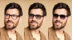 Three images of a man with a beard wearing different types of glasses and smiling