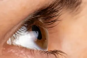 Close-up of a human eye with brown iris, black pupil, and eyelashes, looking forward with a slight blur