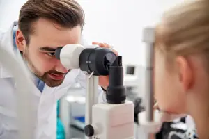 Optometrist examining a female patient's eyes using an ophthalmoscope in a clinic.