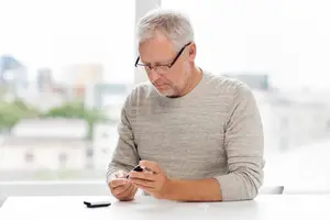 An elderly man checking his blood sugar levels using a glucometer