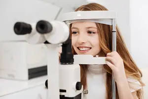 A young girl is undergoing an eye examination at an optometrist's office.
