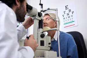 An optometrist is examining a woman's eyes with a slit lamp in an office