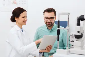 A female doctor and a male patient examining the patient's eye with a microscope