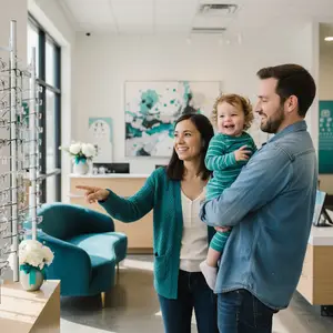 A woman, man, and young child inside a medical office. The woman is pointing at a display of glasses.
