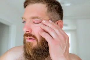 Man with a beard rubbing his eyes and forehead with his fingers