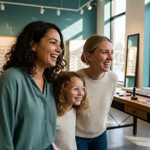 Three women, one wearing glasses, smiling while standing in front of a desk with a mirror in the background.