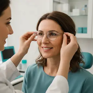 A woman in a blue shirt is trying on glasses in an office with a white wall and a blue chair behind her.