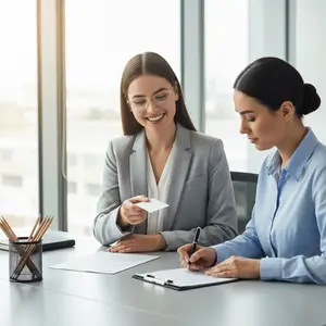 Two women sitting at a desk in an office, one holding a piece of paper and smiling, while the other is writing on a clipboard.