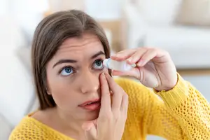 A woman in a yellow sweater uses eye drops while sitting on a couch with pillows in the background.
