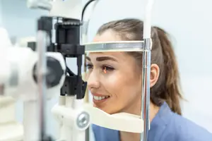 A woman wearing a blue shirt and smiling at the camera while looking into an eye examination machine
