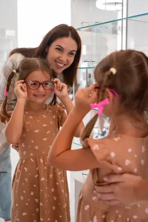 A smiling woman and two young girls in a shop looking at glasses in a mirror.