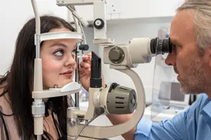An optometrist is examining a patient's eye with a slit lamp in an examination room
