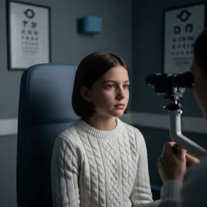 A young girl in a white sweater is getting her eyes examined by a doctor using a magnifying glass in a medical setting.