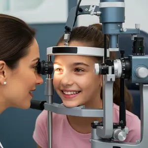 A young girl is having her eyes examined by a female doctor in a pink shirt