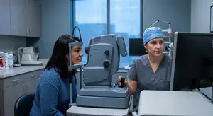 A woman wearing a blue sweater is getting her eyes checked by an optometrist using an eye exam machine