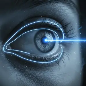 Close up of a human eye with blue light illuminating it and a laser beam shining on the cornea