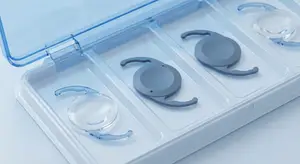 Close-up of a box containing four pairs of blue-tinted contact lenses with clear rims and small hooks, stored on a white surface.