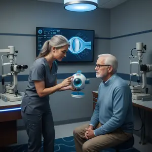 An elderly man is having his eyes examined by a female optometrist in an eye clinic.