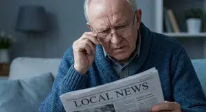 an elderly man is reading a newspaper while wearing glasses and looking unhappy