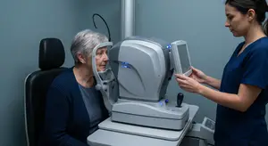 An elderly woman with gray hair is undergoing an eye examination by a medical professional in a blue scrub top.