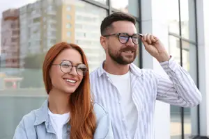 A man and a woman are standing close to each other in front of a building and are smiling at the camera