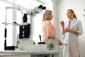 A woman in a pink shirt is looking at a microscope while a woman in a white lab coat stands next to her.