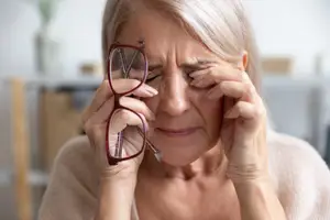 A woman is sitting in a room with a blurry background, wearing glasses and holding them in front of her eyes while closing her eyes and having a headache.