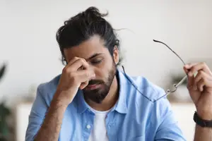 Man adjusting his glasses and holding them in his hand