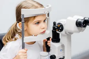 A young girl with brown hair wearing a white shirt is looking into a white microscope with black lenses inside a clinic.