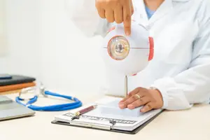 An optometrist is examining an artificial eyeball with a magnifying glass.
