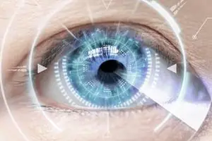 Close-up of a person's eye with a blue iris and pupil, set against a blurred background with a white arrow pointing towards the eye, and a small white line on the upper eyelid.