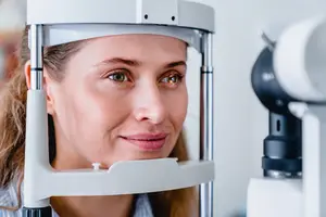 Close up of a woman's face with an eye chart in the background
