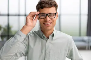 A smiling man wearing glasses and a light blue shirt is standing inside an office with glass windows.