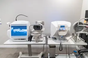 A room with white walls and white tables containing multiple medical devices for eye examination, including an OCT machine with a blue screen and a camera, an ultrasound machine, and an auto refractor.