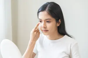 A woman is sitting in a room and looking at her eye with her hand on her face.