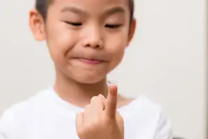 A smiling young boy wearing a white shirt and holding a contact lens in his hand.