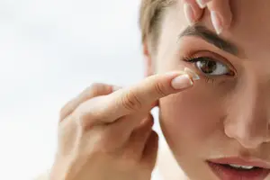 A woman is putting in a contact lens into her eye