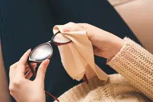 A person wiping a pair of glasses with a cloth