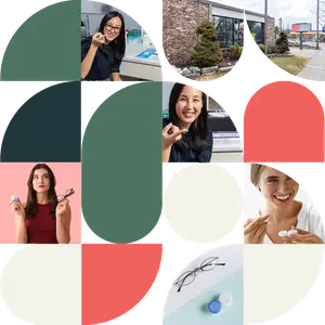 A collage of different women putting in their contact lenses with eyeglasses, a building and trees in the background.
