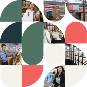 A photo collage of various people and scenes from Libertyville Cyclery Eye Care and Vision Therapy, featuring optometrists, eyewear displays, and patients.