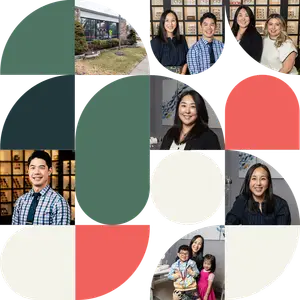 A collage of photos of people and a building with the number 90 in the center. The photos include a man and a woman smiling, a family, and a man wearing a tie and glasses.