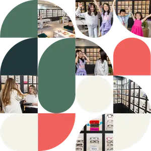 A collage of photos showing people in a store and people looking at glasses in a store