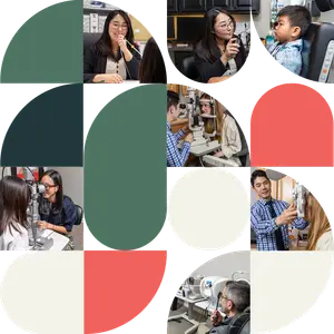 A collection of images showing optometrists and patients, and medical equipment, in a collage format