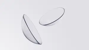 Two clear oval-shaped objects with black outlines are floating on a white surface.