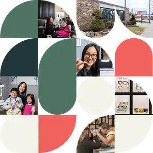 A collage of images of people and a building with the words 'Eye Care', 'Vision Therapy', and 'Eyewear' on the side of the building. One image shows a woman wearing glasses and holding a pair of glasses. Another image shows a woman sitting at a desk with a monitor and a chair. Another image shows a woman sitting in a chair with a young girl. Another image shows a young boy wearing glasses and a medal. Another image shows a woman sitting in a chair with a young girl wearing glasses. Another image shows a young girl sitting in a chair with a young boy wearing glasses.