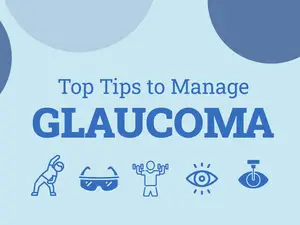 Top Tips to Manage Glaucoma - eye icon, man exercising, man with goggles, man with weights, eyedropper, blue background